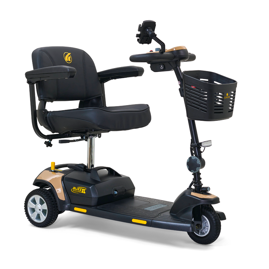 The Golden Tech GB121 Buzzaround XL 3-Wheel Portable Mobility Scooter, in sleek black and gold, features a comfy seat with armrests, a handlebar basket, and a small rearview mirror. Its compact design enhances drivability, ideal for personal mobility assistance.